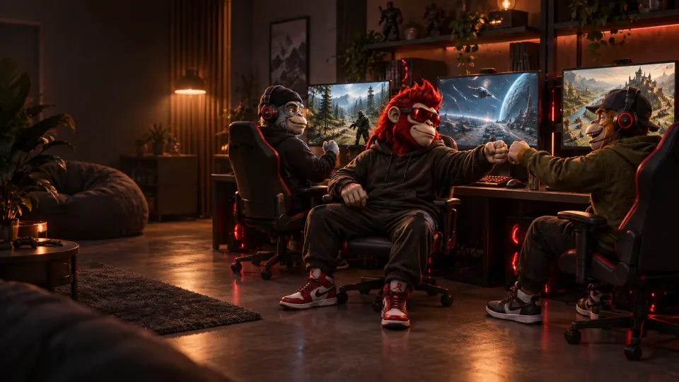 Drei Monkey-Freunde beim gemeinsamen PC-Gaming am LAN-Tisch